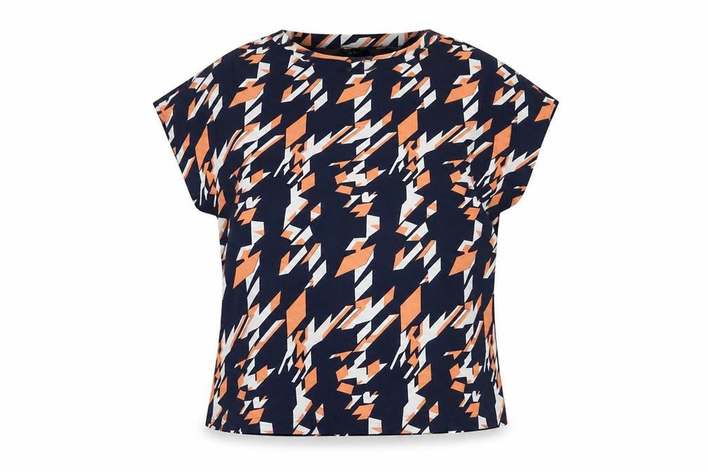 Front view of Marble women’s blue geometric polyester basic blouse, size M, boat neck