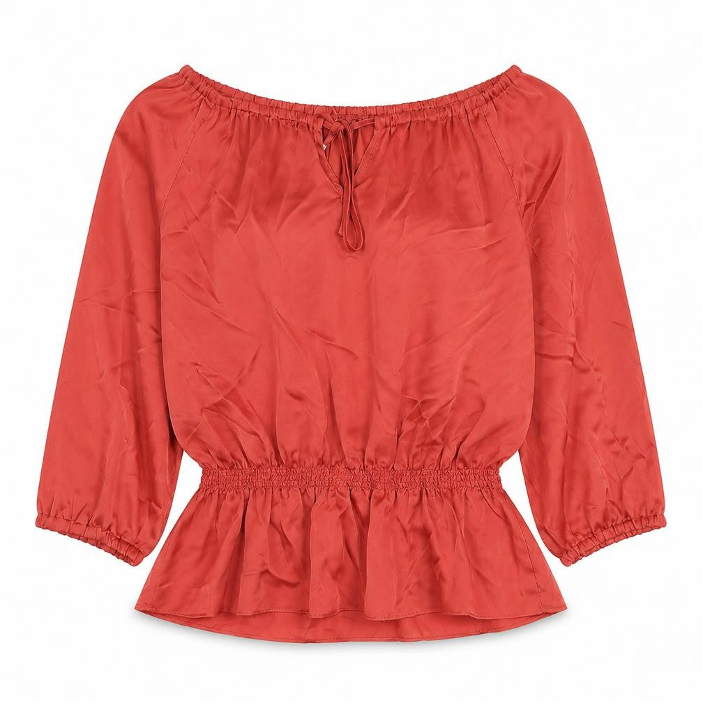Front view of Violet & Claire women’s red polyester basic blouse, size M, boat neck