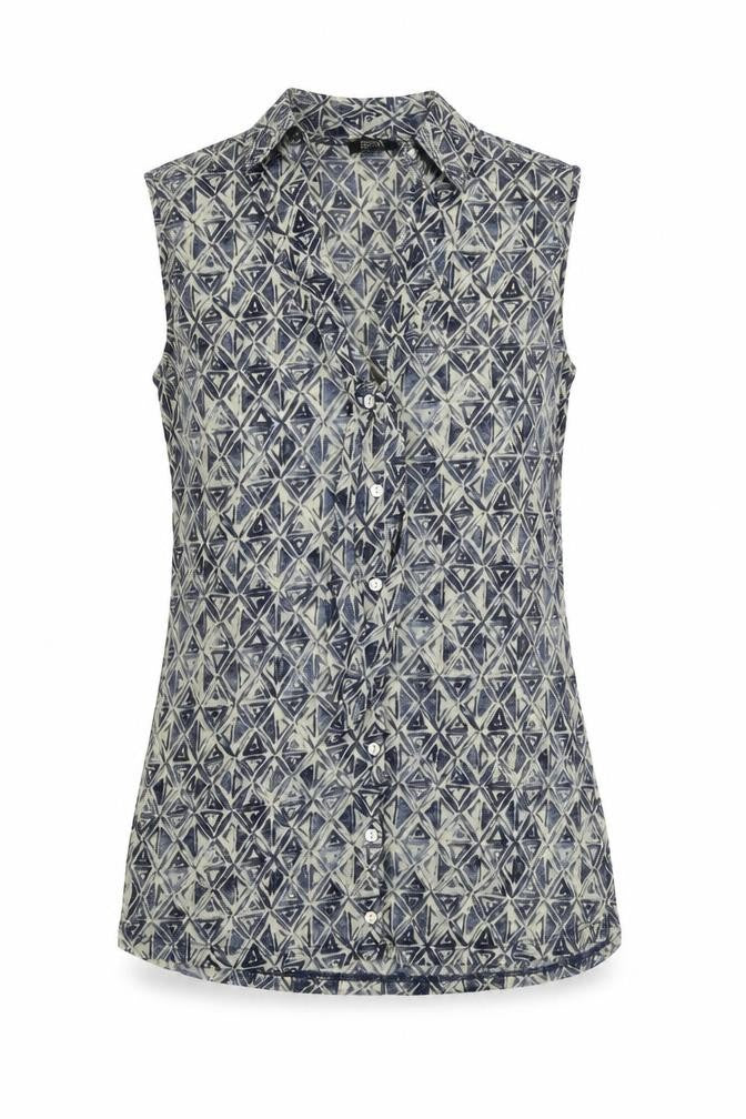 Front view of ESPRIT women’s green geometric polyester basic button-up, size S, v-neck