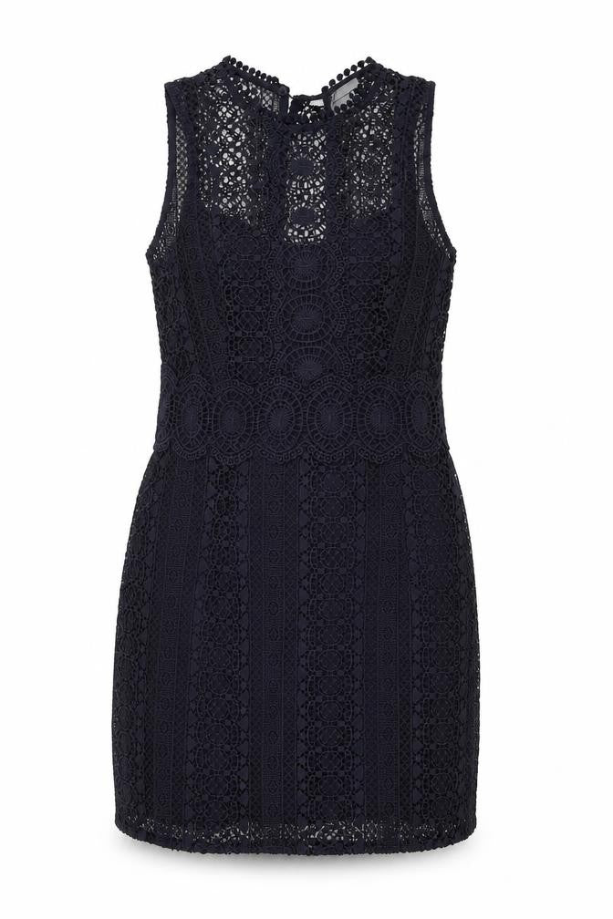 Front view of H&M women’s blue geometric polyester shift, size UK 10, round neck button