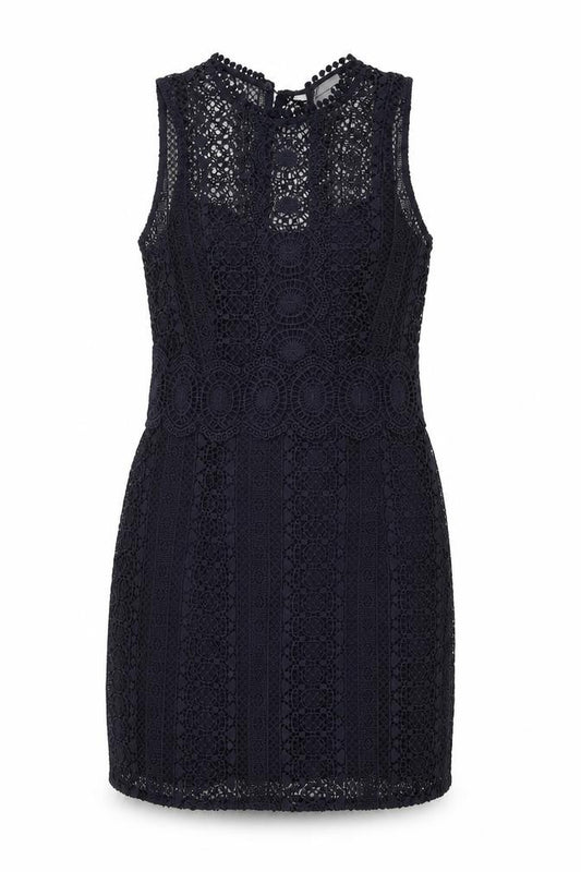 Front view of H&M women’s blue geometric polyester shift, size UK 10, round neck button