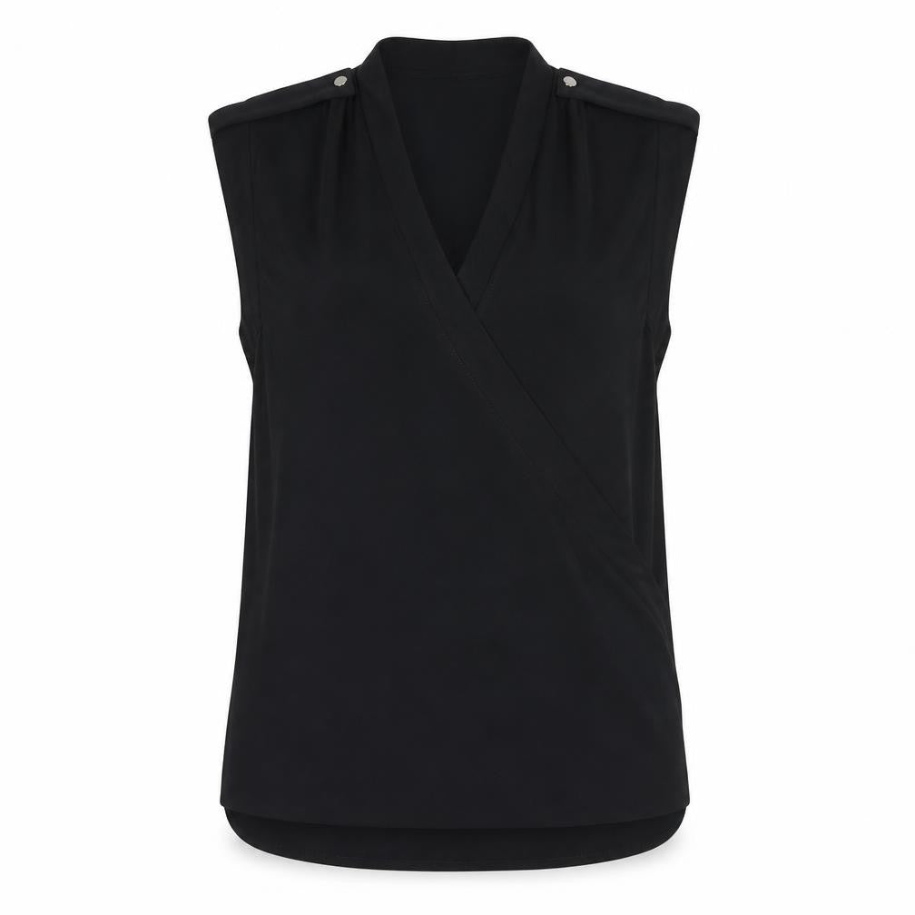Front view of VILA women’s black polyester basic tank, size M, v-neck