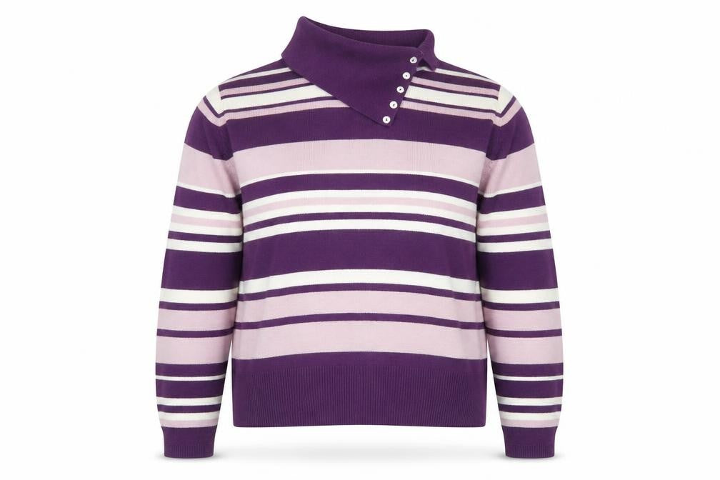 Front view of Berkertex women’s pink roll neck striped acrylic jumper, size UK 14