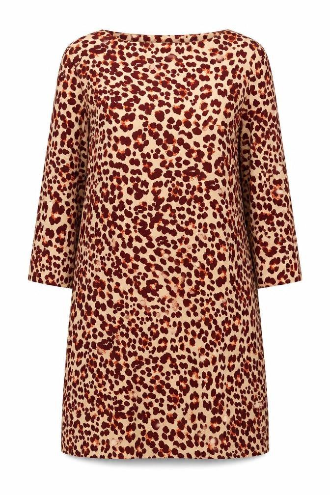 Front view of H&M women’s beige animal print polyester a-line, size L, boat neck pullover - leopard pattern