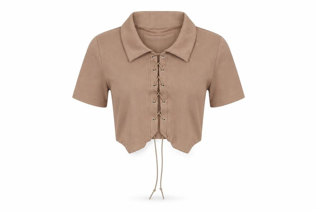 Front view of ROMWE women’s brown polyester cropped blouse, size M, collared