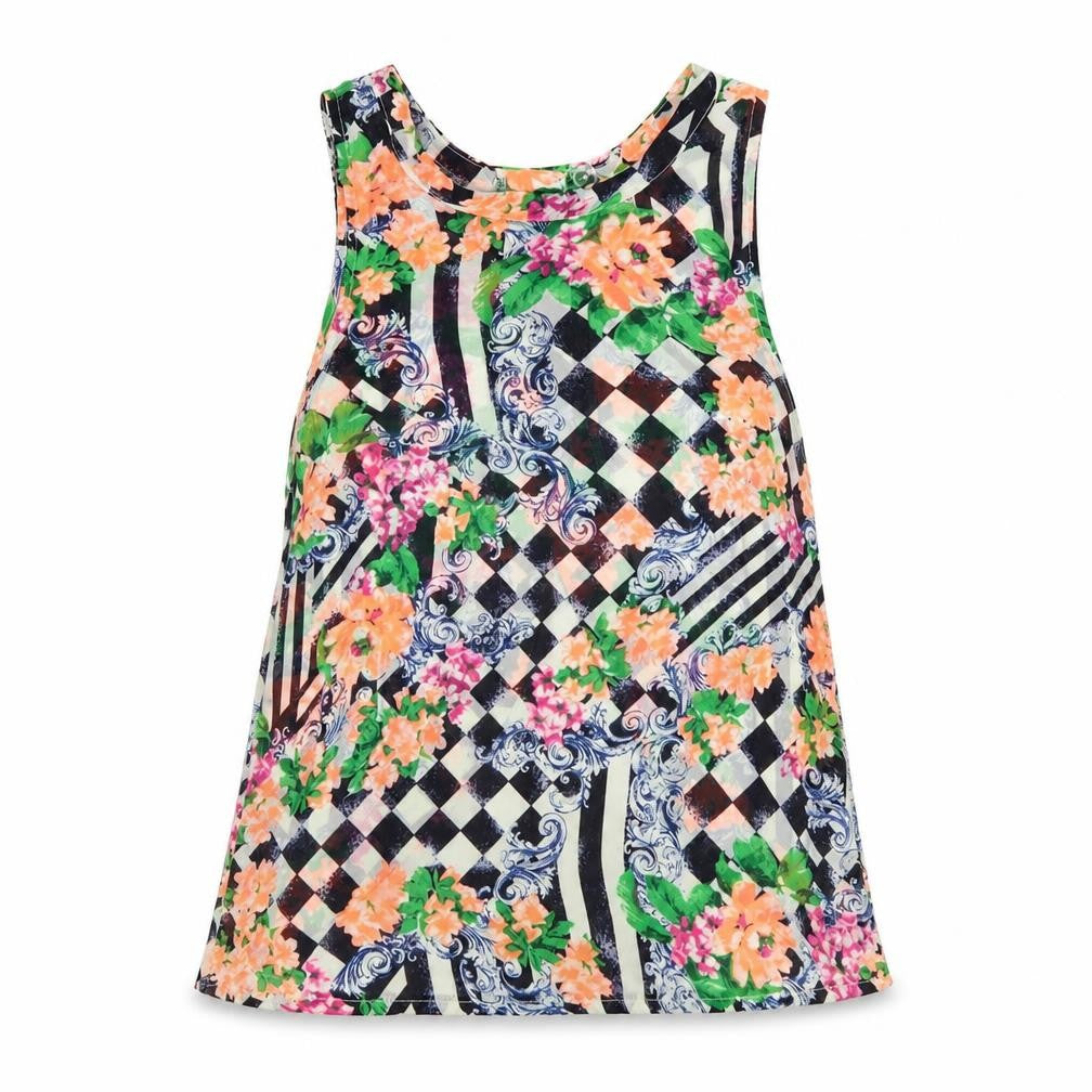 Front view of Glamorous women’s multicoloured geometric polyester basic tank, size S, round neck
