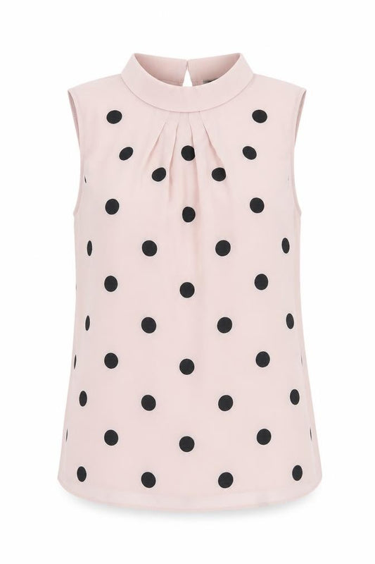 Front view of Principles women’s pink polka dot polyester basic blouse, size UK 10, collared