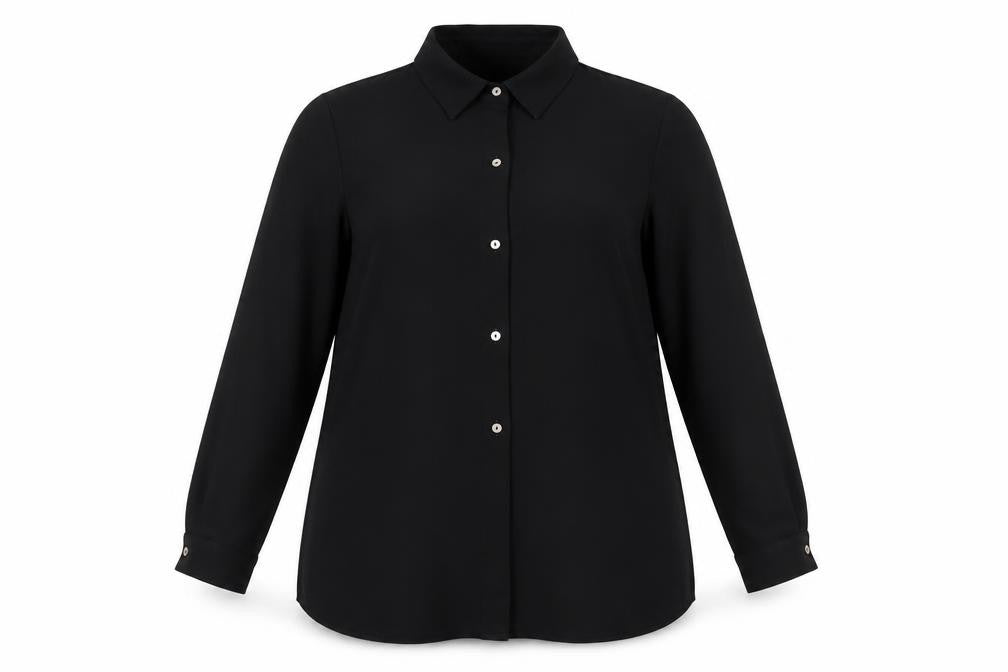 Front view of Debenhams women’s black polyester basic button-up, size UK 12, collared