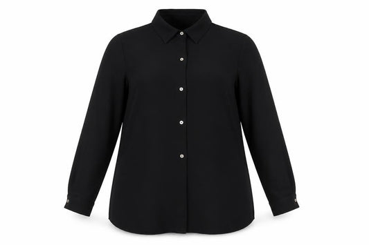 Front view of Debenhams women’s black polyester basic button-up, size UK 12, collared