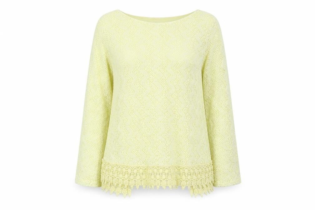 Front view of Micky women’s yellow polyester basic blouse, size M, round neck - open back