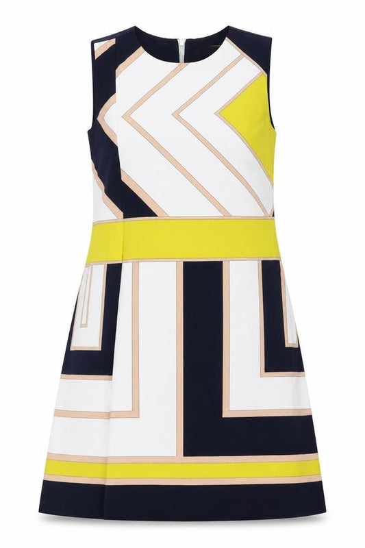 Front view of Oasis women’s multicoloured geometric polyester a-line, size UK 8, round neck zip