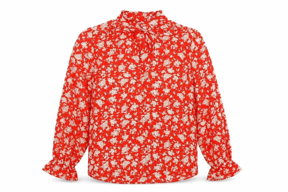 Front view of Zara women’s red floral polyester basic button-up, size S, round neck
