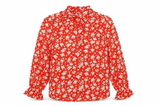Front view of Zara women’s red floral polyester basic button-up, size S, round neck
