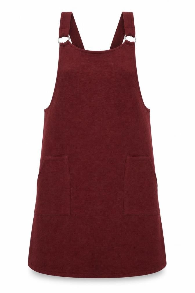 Front view of New Look women’s red polyester pinafore/dungaree dress, size UK 8, round neck pullover