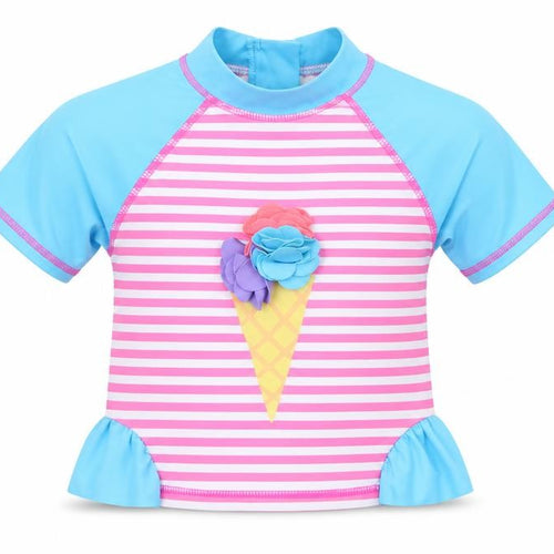 Preworn Girls Blue Striped Polyamide Basic T-Shirt Size 12-18 Months Crew Neck Zip - Swim Top Ice cream
