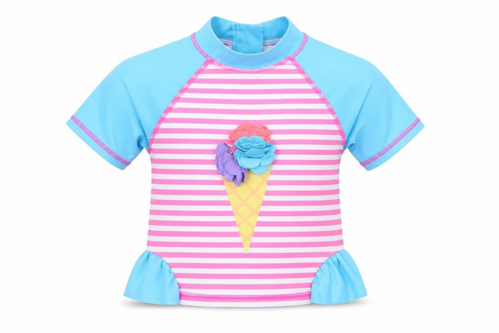 Preworn Girls Blue Striped Polyamide Basic T-Shirt Size 12-18 Months Crew Neck Zip - Swim Top Ice cream