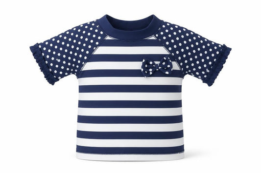 Front view of Preworn girls’ blue striped nylon basic t-shirt, size 3-6, months crew neck pullover - swim top