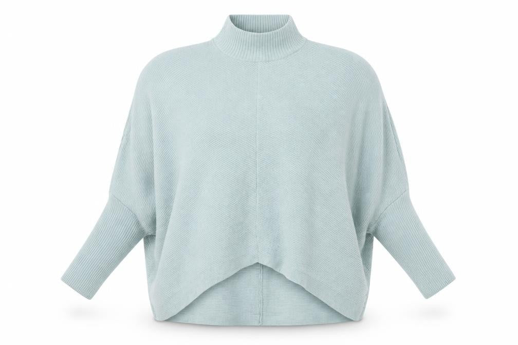 Front view of JD Williams women’s blue high neck acrylic jumper, size UK 16