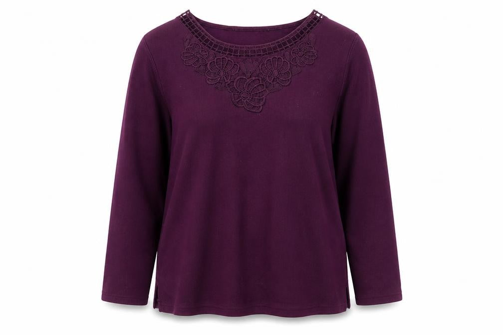 Front view of Preworn women’s purple round neck polyester jumper, size L, - lace neckline