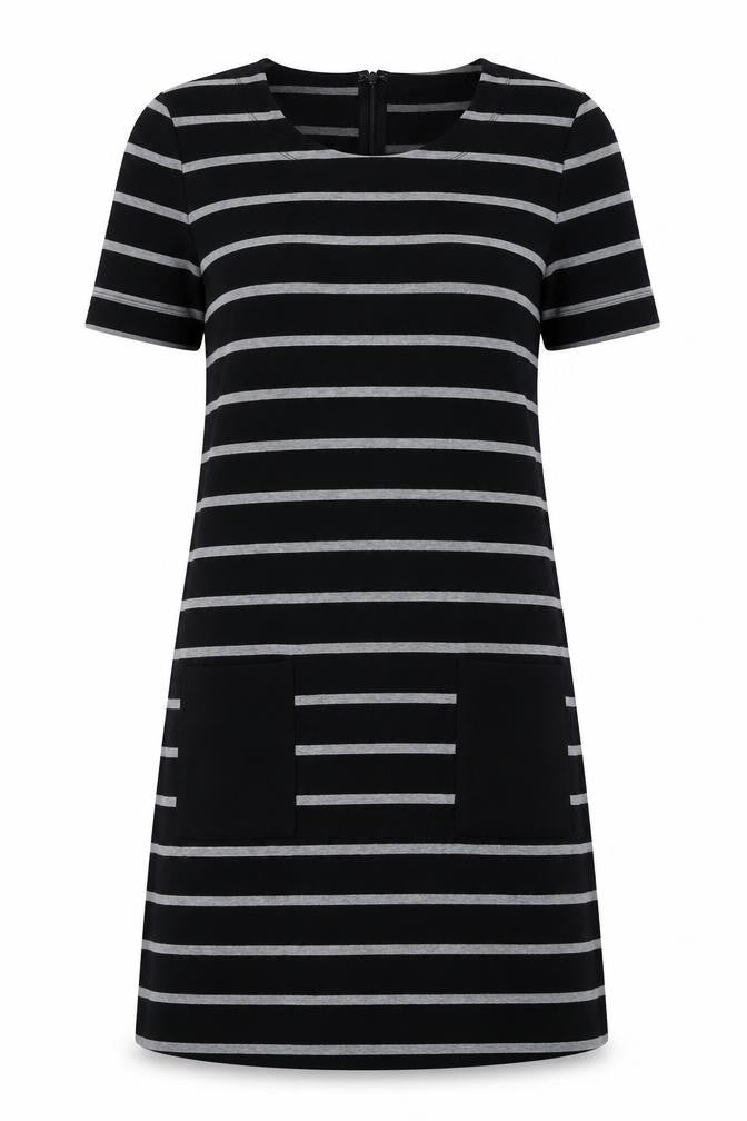 Front view of Gap women’s black striped polyester a-line, size M, round neck zip