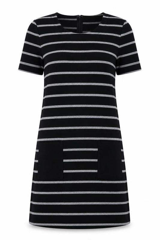 Front view of Gap women’s black striped polyester a-line, size M, round neck zip