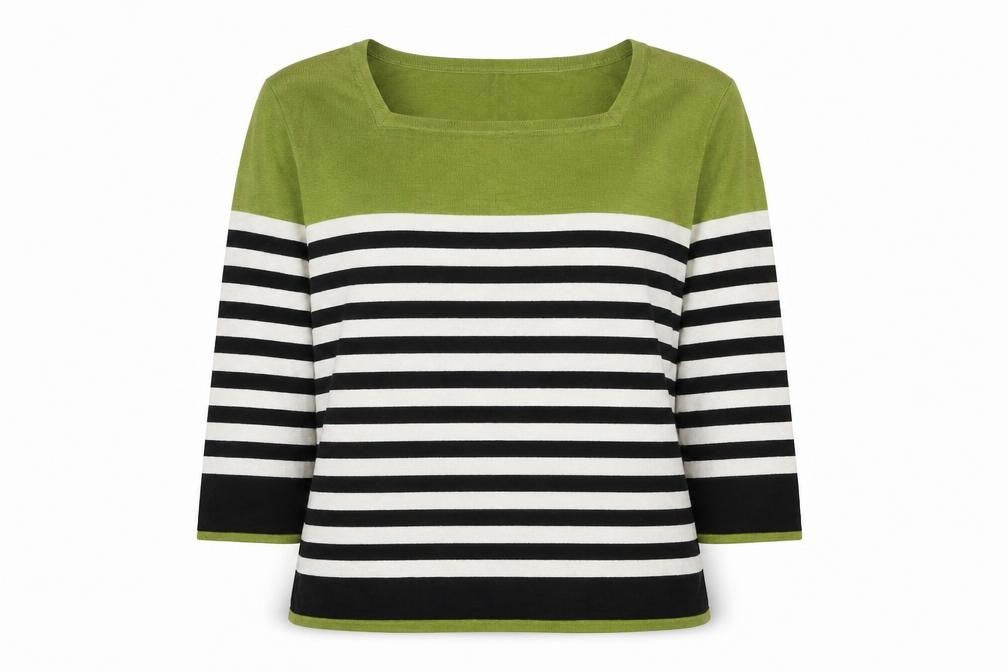 Front view of Autonomy women’s multicoloured square neck striped viscose jumper, size UK 14