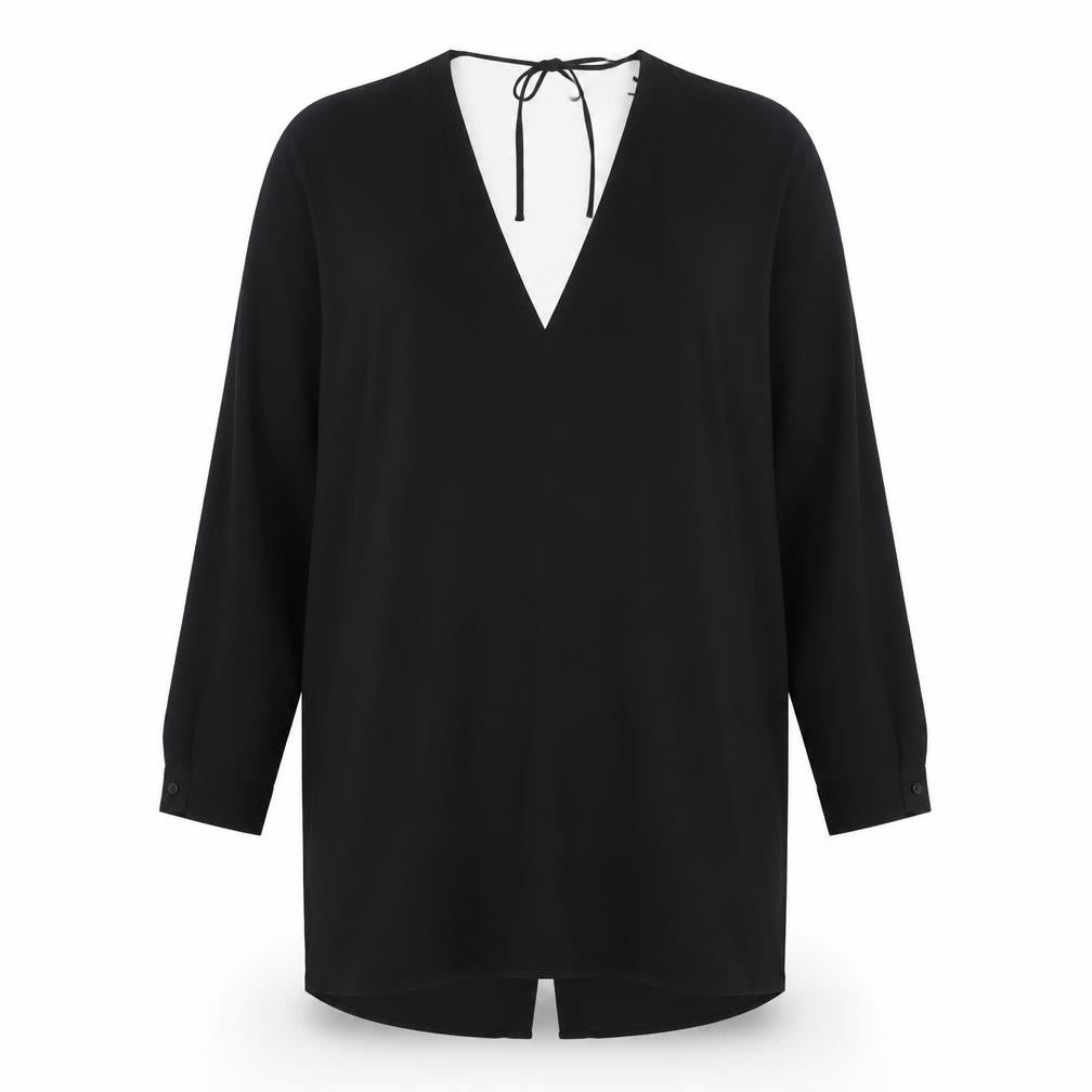 Front view of H&M women’s black polyester a-line, size UK 8, v-neck button
