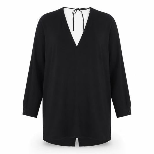 Front view of H&M women’s black polyester a-line, size UK 8, v-neck button