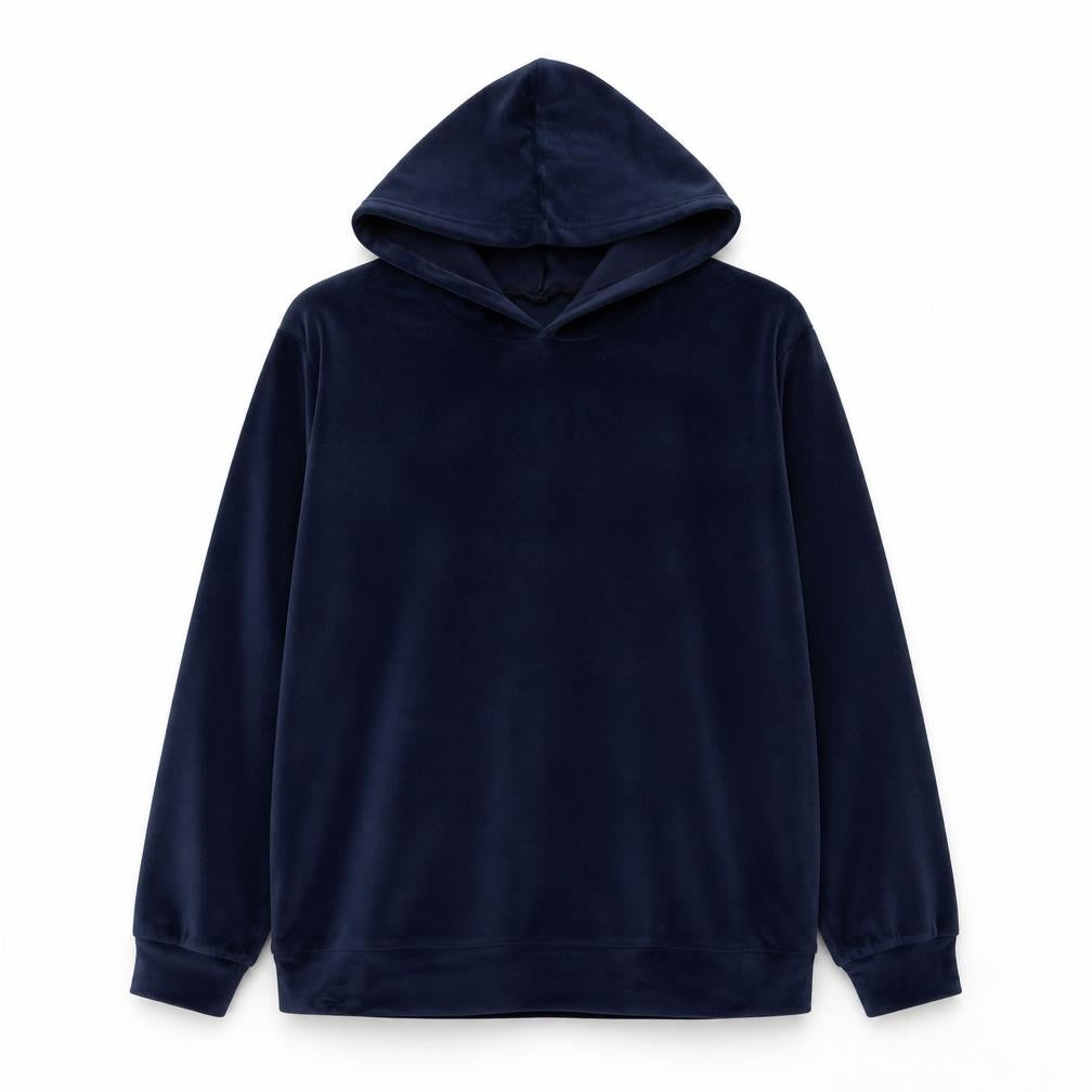 Front view of women’s blue polyamide pullover hoodie, size S, pullover