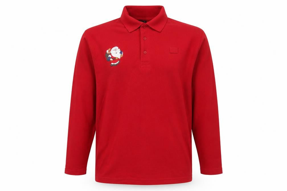 Front view of Dimensions men’s red polyester polo, size M, collared button - christmas santa