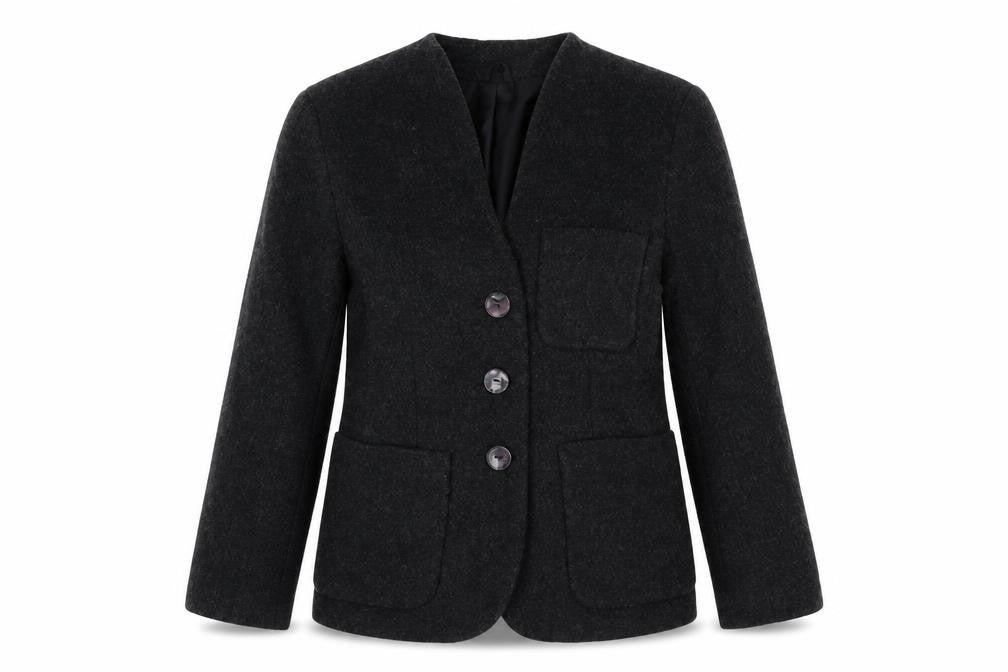 Front view of Expressions women’s black jacket, size UK 12, button