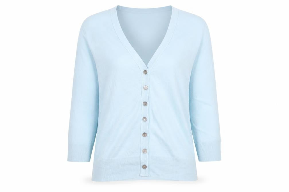 Front view of Principles women’s blue v-neck cotton cardigan jumper, size UK 8
