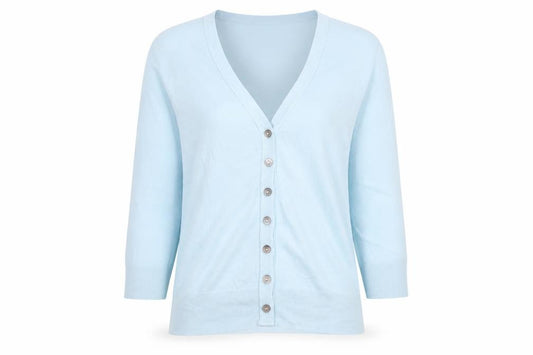 Front view of Principles women’s blue v-neck cotton cardigan jumper, size UK 8