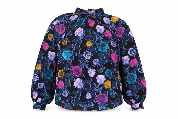 Monki Womens Black Floral Polyester Basic Blouse Size XS Mock Neck