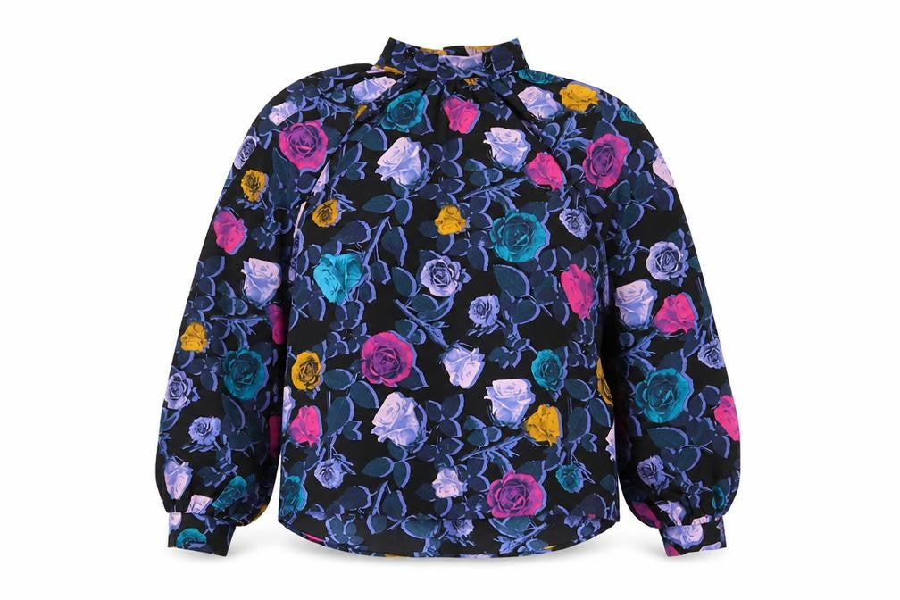Monki Womens Black Floral Polyester Basic Blouse Size XS Mock Neck