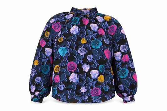 Front view of Monki women’s black floral polyester basic blouse, size XS, mock neck