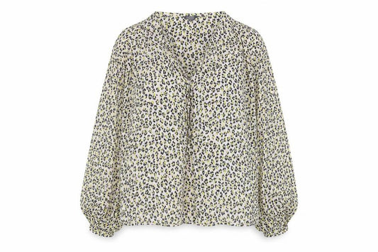 Front view of Topshop women’s multicoloured animal print polyester basic blouse, size UK 10, v-neck - leopard print
