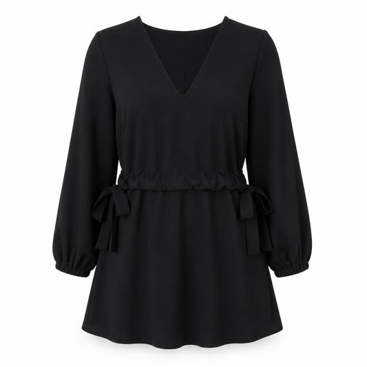 Front view of ASOS women’s black polyester a-line, size UK 10, v-neck drawstring - side tie detail