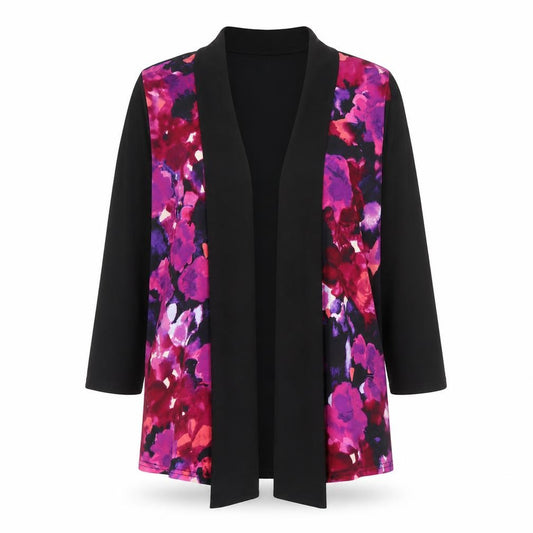 Front view of Sarah Hamilton women’s multicoloured v-neck floral polyester cardigan jumper, size UK 16, - waterfall design