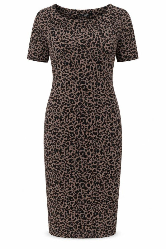 Front view of Collection women’s brown animal print polyester bodycon, size UK 8, round neck pullover - leopard print