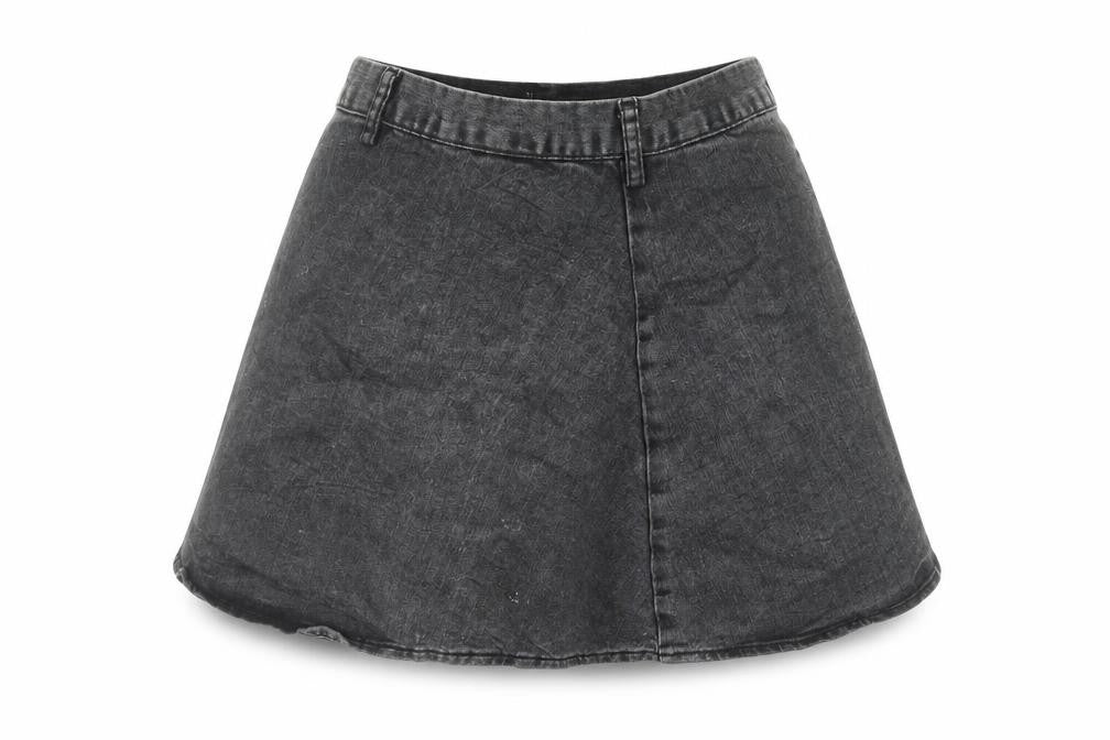 Front view of H&M women’s grey cotton mini skirt, size UK 6, zip