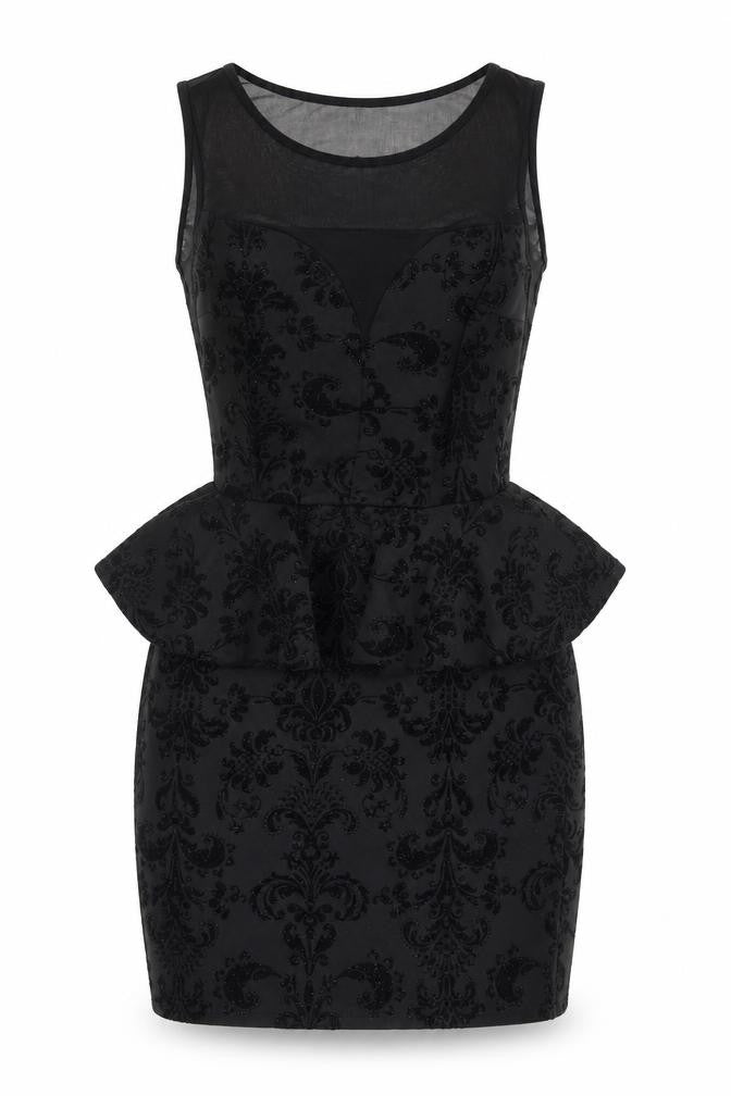 Front view of Ribbon women’s black geometric polyester bodycon, size UK 10, round neck pullover