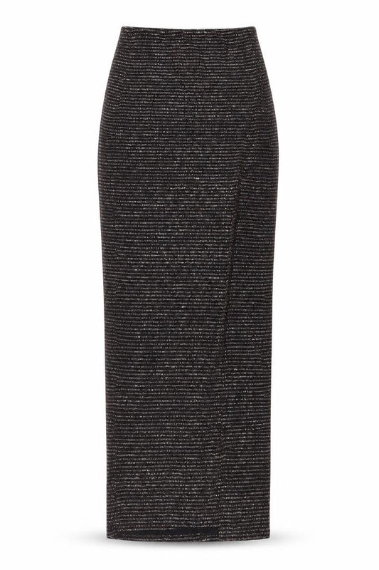 Front view of Miss Selfridge women’s black polyamide maxi skirt, size UK 4