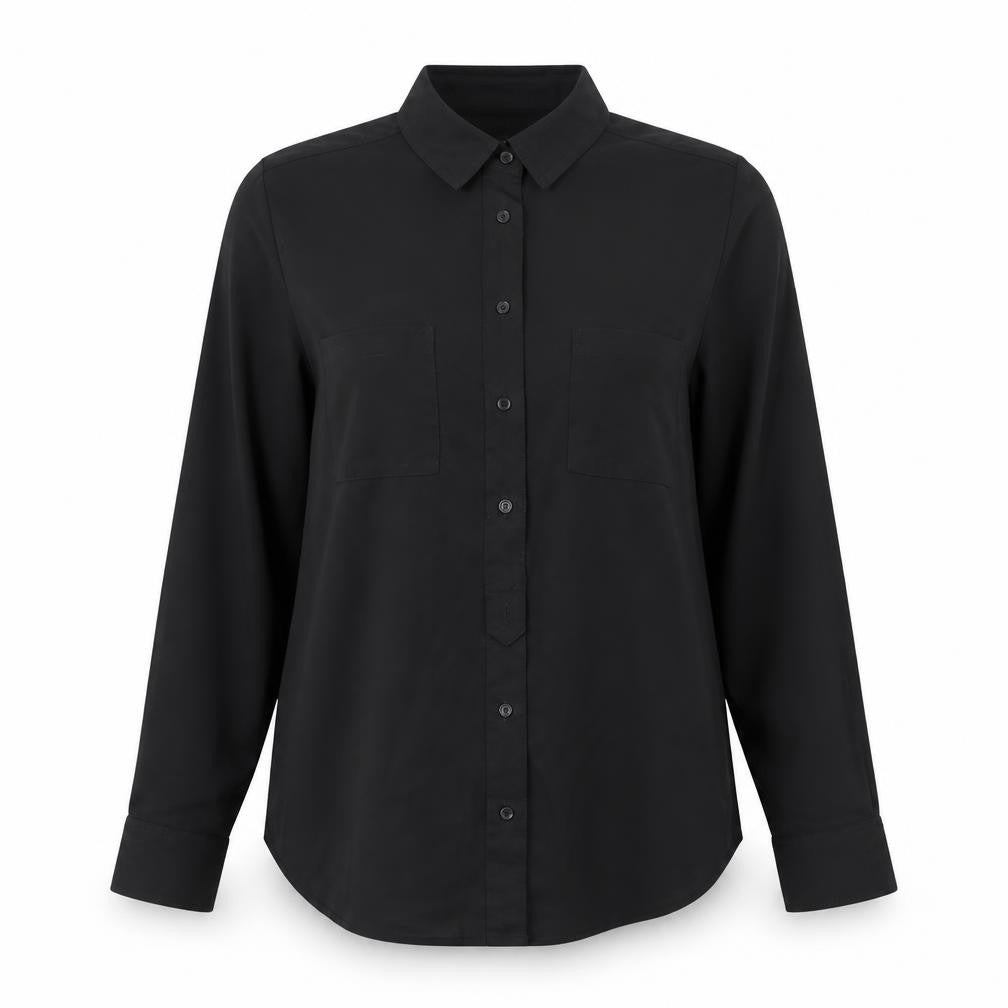 Front view of Glasson women’s black polyester basic button-up, size UK 8, collared