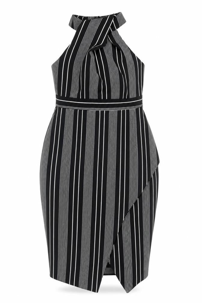 Front view of River Island women’s black striped polyester bodycon, size UK 6, high neck zip