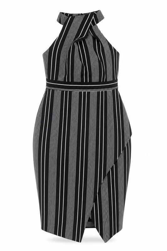 Front view of River Island women’s black striped polyester bodycon, size UK 6, high neck zip