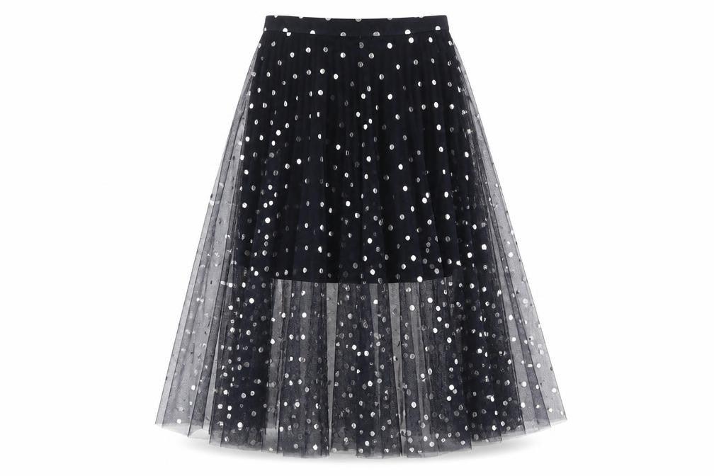 Front view of Topshop women’s blue polka dot polyester tutu skirt, size UK 4, hook & eye