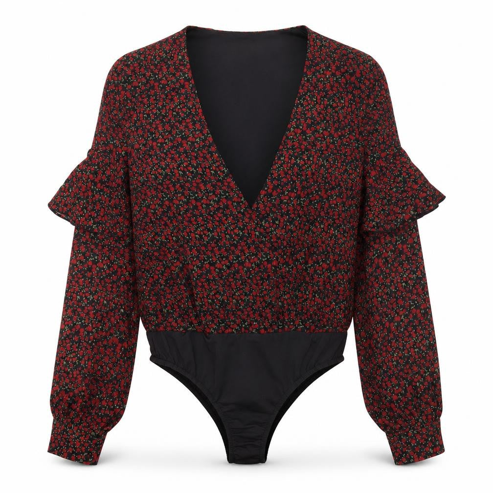 Front view of Missguided women’s black floral polyester bodysuit one-piece, size UK 8, pullover