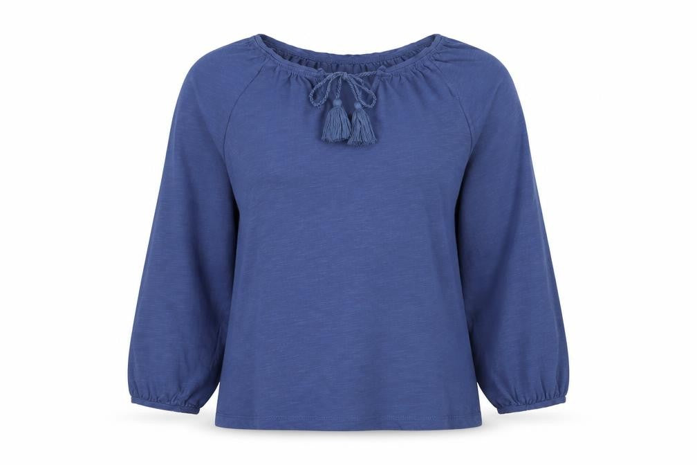Front view of Formula Joven women’s blue cotton basic t-shirt, size UK 12, boat neck