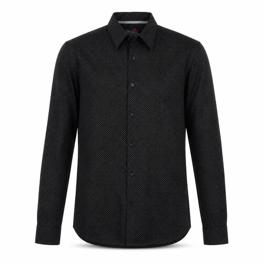 Front view of Topman men’s black polka dot cotton button-up, size S, collared button - pocket detail